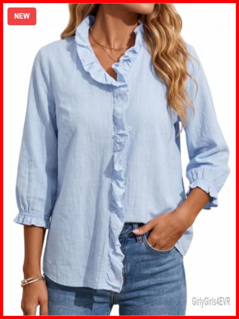 Women's 100% Cotton Ruffle Blouse 3/4 Sleeve V-Neck Casual Top